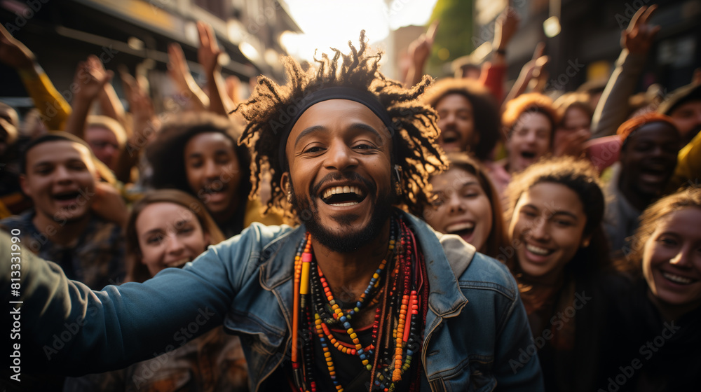 Obraz premium group of friends taking a selfie and celebrating reggae day, happily, wearing long necklaces with colors alluding to reggae, with a hairstyle full of subtractions, generative AI