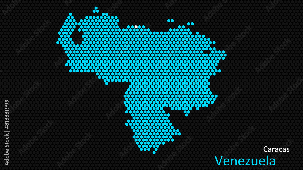 A map of Venezuela, with a dark background and the country's outline in the shape of a colored hexagon, centered around the capital. A simple sketch of the country