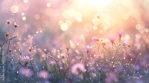 A beautiful meadow field with delicate grasses in neutral colors. Banner with blurred background and sun rays. Gramma. Pastoral landscapes. Boho landscape in summer or spring photo