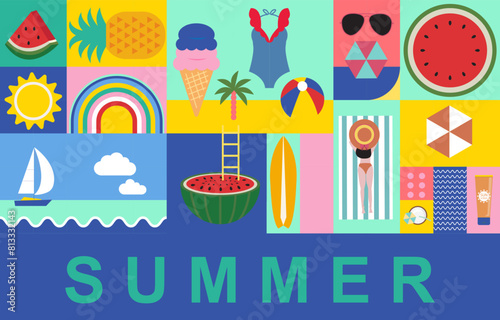 summer background with geometric style.illustration vector for a4 horizontal design © piixypeach