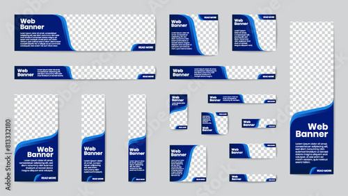 Business banner standard size in horizontal and vertical rectangle square template set for web design. Gradient blue with geometric curve shapes header with place of photos. EPS10 vector.
