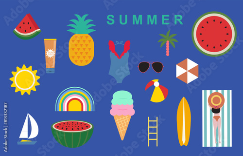summer object with watermelon,pineapple,sun,beach.illustration vector for postcard. © piixypeach