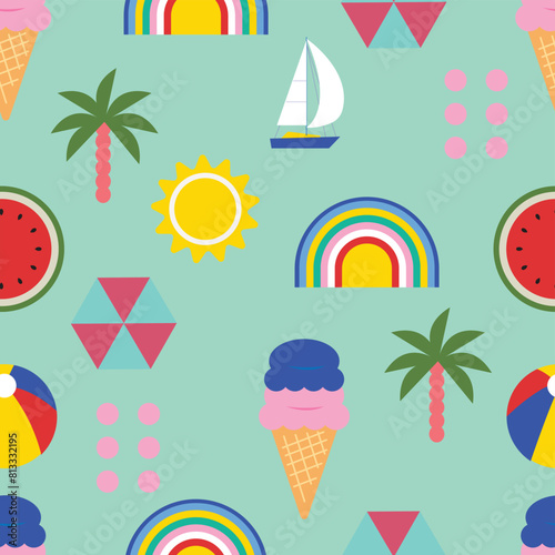 summer background with geometric style.illustration vector for square seamless pattern design. © piixypeach