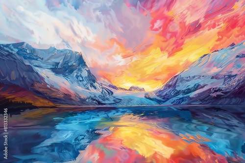 he vastness of a melting glacier under a colorful sky in a dreamy impressionistic style Show the serenity and drama of climate change through soft brush strokes and vibran photo