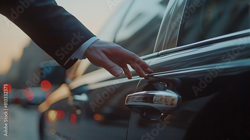 Businessman, hands and chauffeur by car door for travel accommodation, designated driver or commute, Hand of male person on vehicle handle in professional transport service, business class or pick up photo