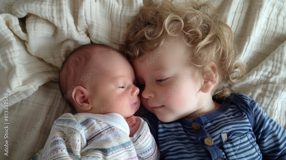 Tender Sibling Embrace Fostering a Loving Bond with the Newborn Family Member Tender Sibling Embrace Fostering a Loving Bond with the Newborn Family Member