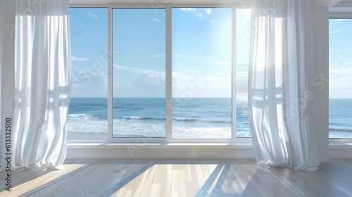 Outside the window is a room with the sea