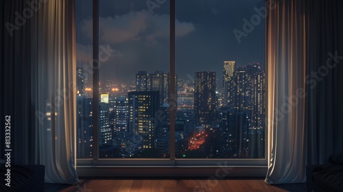 Modern urban skyscraper landscape seen through indoor windows at night