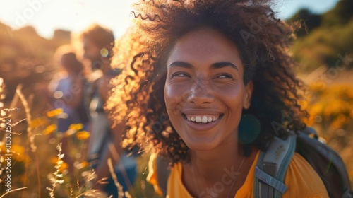 Energetic Young Woman Enjoying Sunny Outdoor Adventure in Nature with Friends