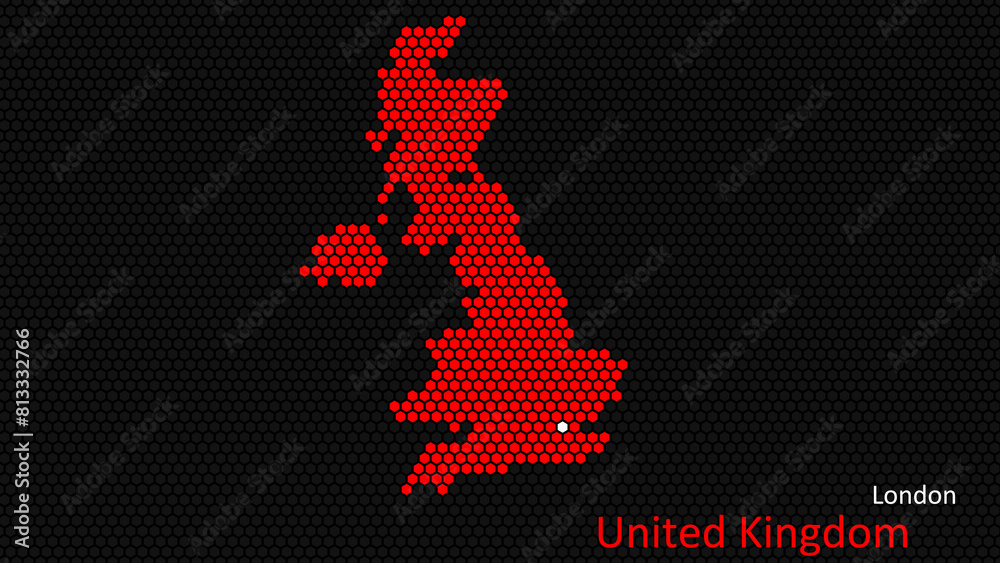 A map of United Kingdom, with a dark background and the country's outline in the shape of a colored hexagon, centered around the capital. A simple sketch of the country A map of United Kingdom, with a dark background and the country's outline in the shape of a colored hexagon, centered around the capital. A simple sketch of the country