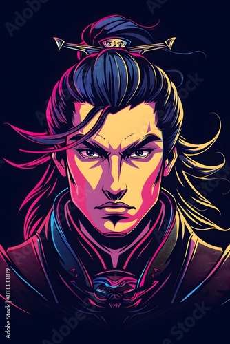 Fierce and Loyal General Zhao Yun in Synthwave Inspired Esports Logo Style