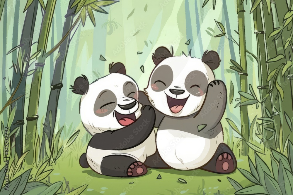 Cartoon cute doodles of two pandas rolling around and wrestling playfully in a bamboo forest, with roly-poly antics and laughter echoing, Generative AI Cartoon cute doodles of two pandas rolling around and wrestling playfully in a bamboo forest, with roly-poly antics and laughter echoing, Generative AI