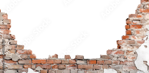 Broken brown brick wall with a big hole isolated on transparent background