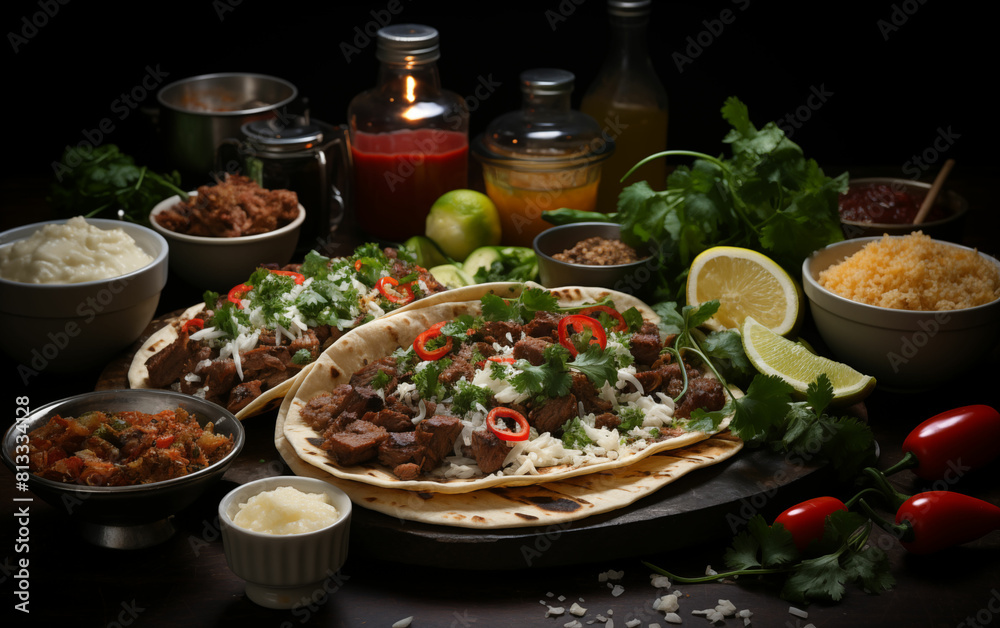 Table laden with tacos and bowls of food. Generative AI Table laden with tacos and bowls of food. Generative AI