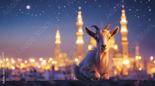 goat in front, night mosque and city lights in background, Eid Ul Adha Mubarak, Islam Sacrifice Sunnah Qurbani Religion concept