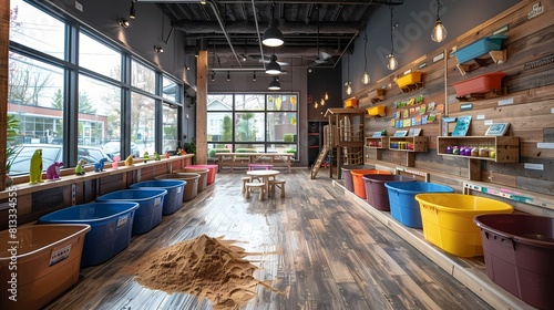 A sensory play area with bins of kinetic sand, water tables, and textured materials, providing tactile exploration and sensory stimulation