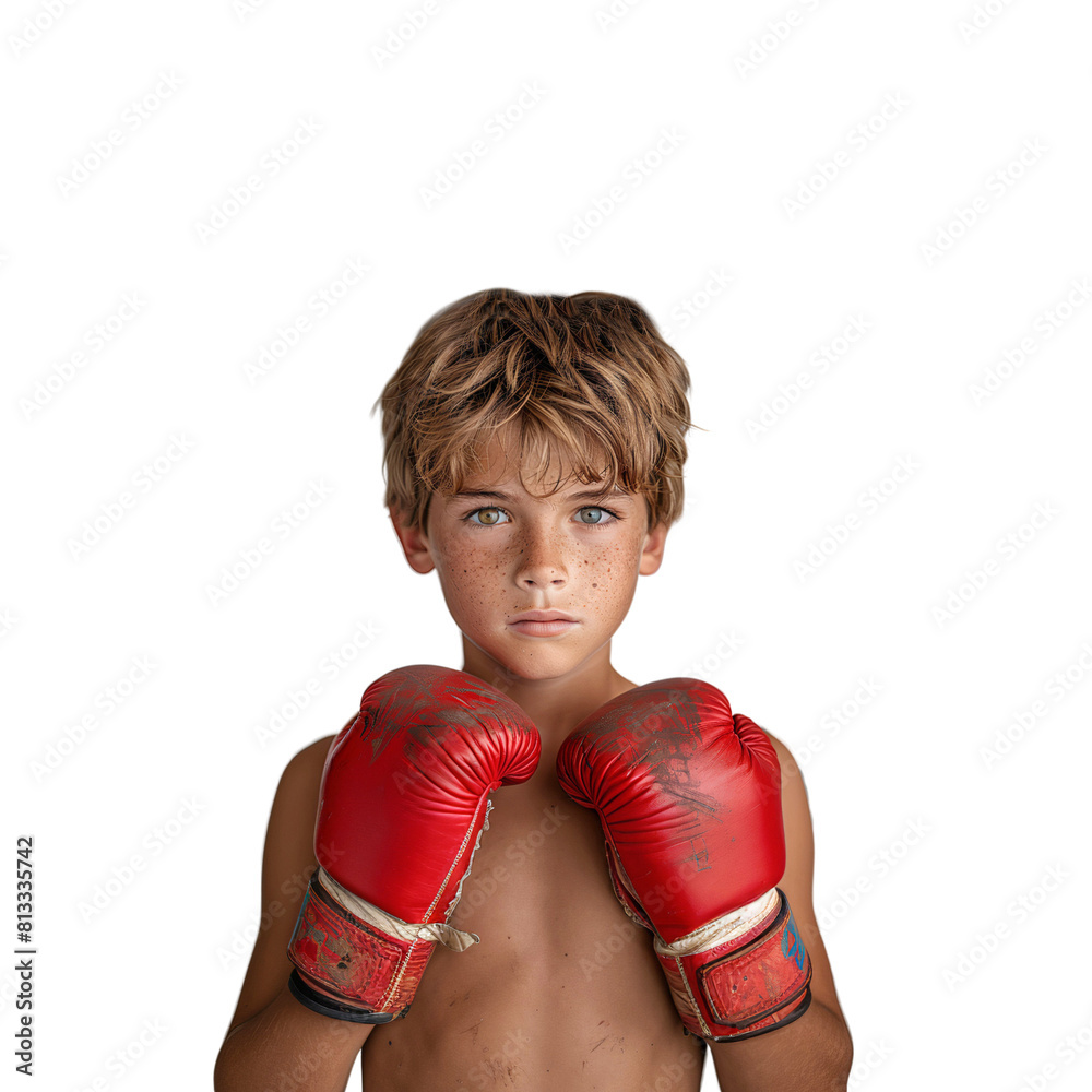 Portrait of a young boy training boxing wearing red boxing gloves, isolated on transparent background Portrait of a young boy training boxing wearing red boxing gloves, isolated on transparent background