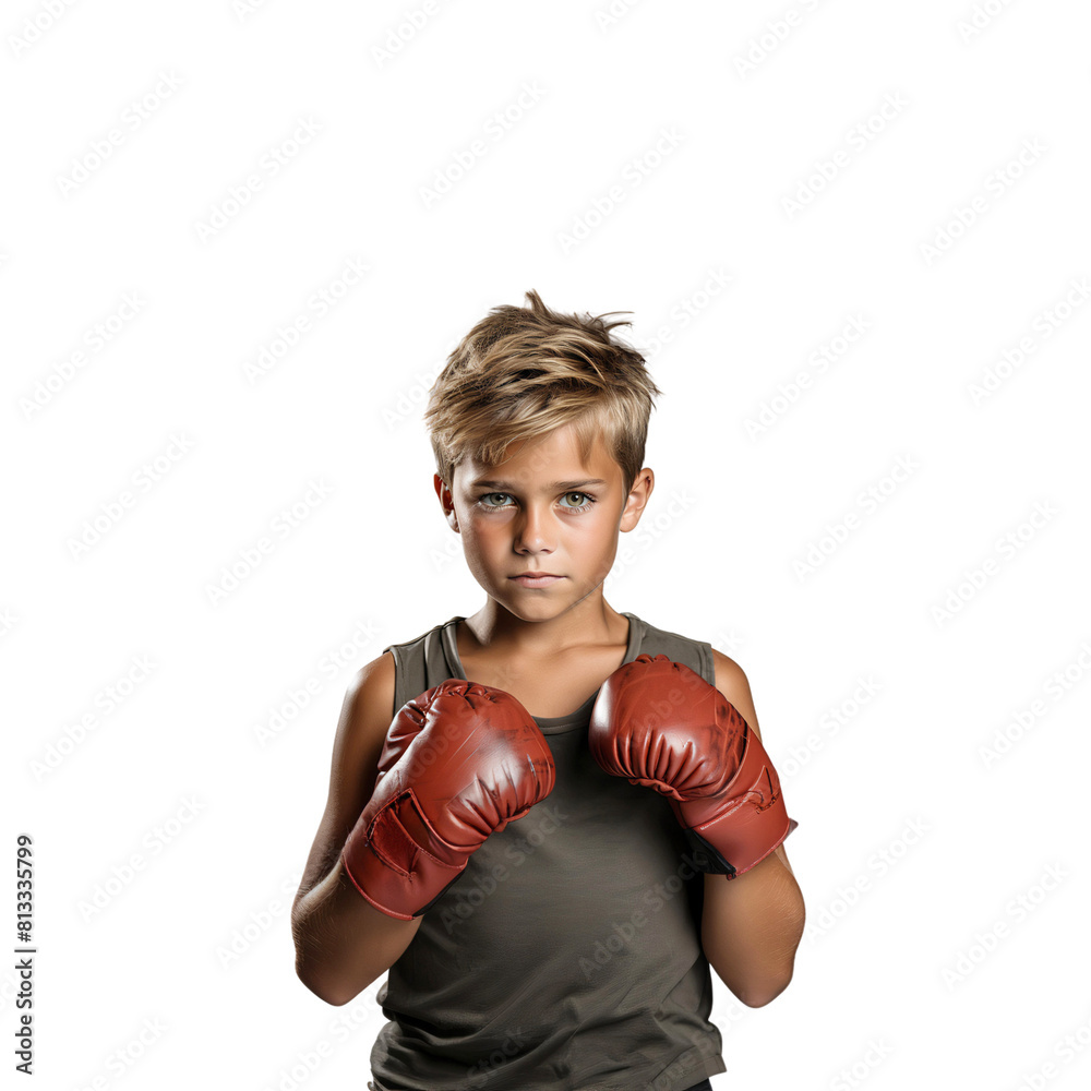 Portrait of a young boy training boxing wearing red boxing gloves, isolated on transparent background Portrait of a young boy training boxing wearing red boxing gloves, isolated on transparent background