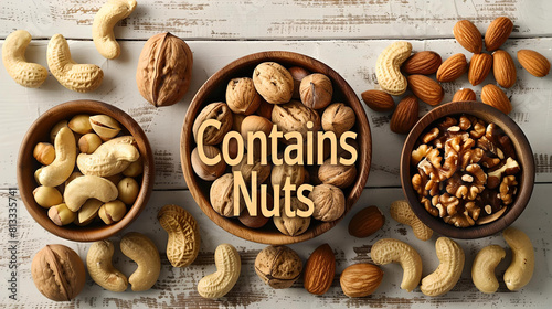 'Contains Nuts' - Bowls of various nuts including peanuts, almonds, and walnuts, clearly labeled with a sign, perfect for dietary needs.