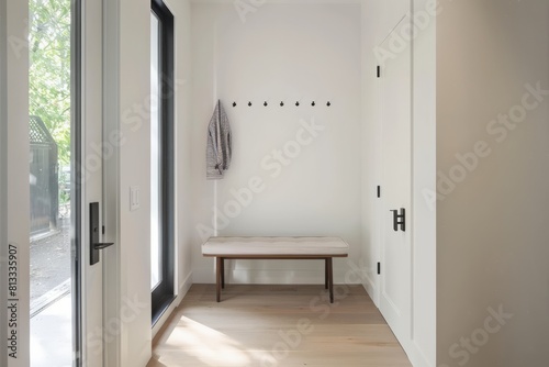 A minimalist entryway with a simple bench, wall-mounted hooks, and unadorned w