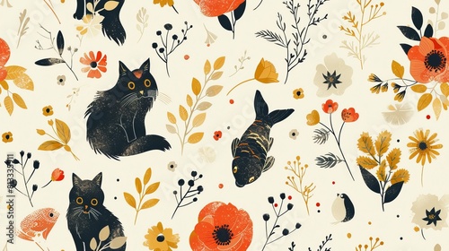 The seamless pattern features cute cats and fishes among the flowers and leaves. The pattern is great for creating fun and whimsical projects. photo