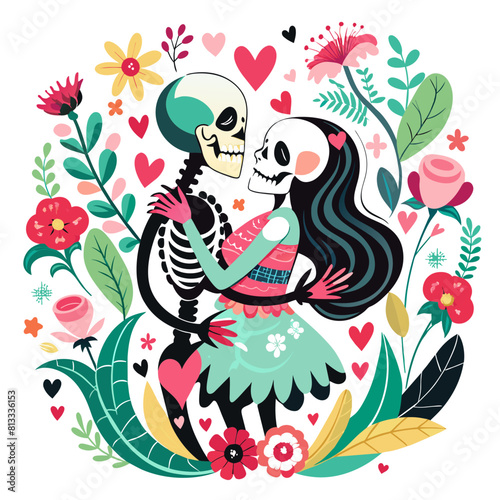 Vintage style tattoo featuring a skeleton couple holding hands  with intricate floral patterns intertwining around them.