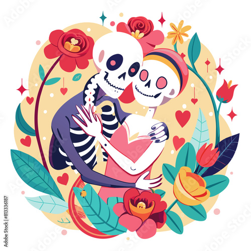 Vintage style tattoo featuring a skeleton couple holding hands  with intricate floral patterns intertwining around them.