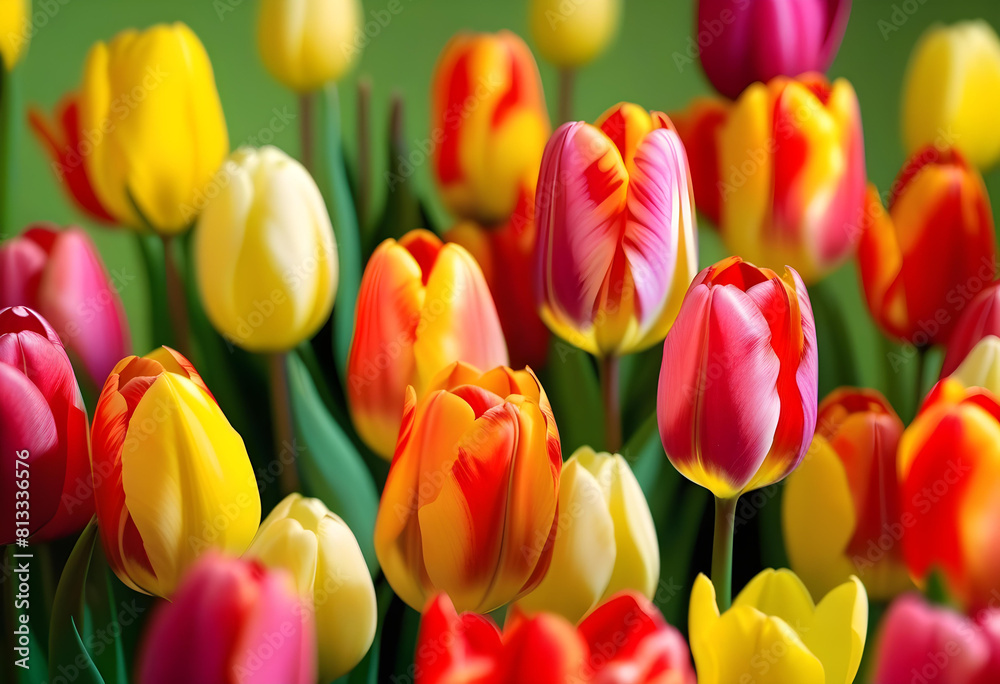 A close-up photo of red, yellow, and purple tulips in a garden with greenery in the background A close-up photo of red, yellow, and purple tulips in a garden with greenery in the background