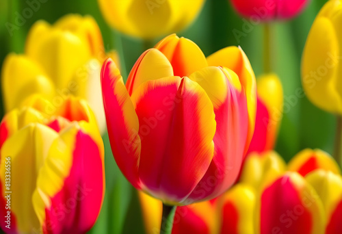A bunch of tulips in various colors  with a blurred garden in the background.