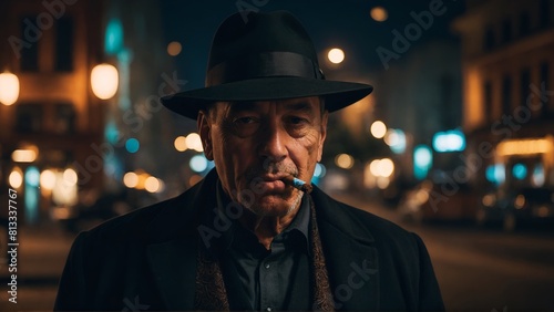 man in hat with cigar Night view