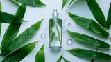 Clear shampoo bottle surrounded by vibrant green bamboo leaves, symbolizing rejuvenation and vitality.