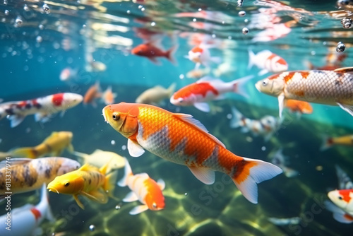 A golden goldfish with flowing fins swims in a clear aquarium
