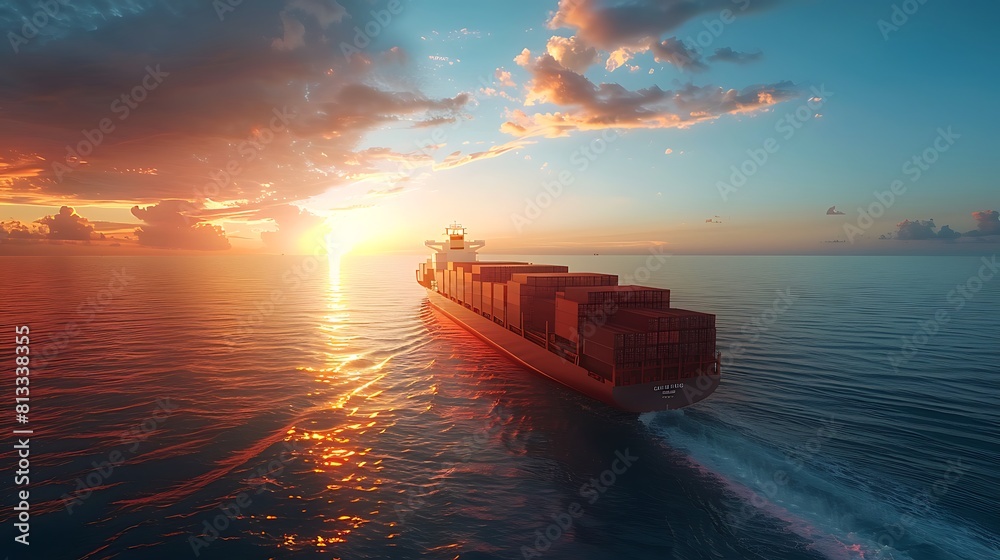 Container cargo ship in the ocean at sunset blue sky background with copy space, Global business logistics import export goods of freight carrier, transportation industry concept, Sea Freight Shipping
