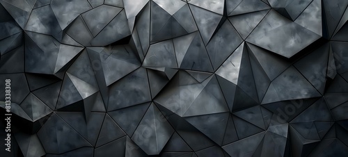 An artistic background featuring an abstract arrangement of black geometric polygons