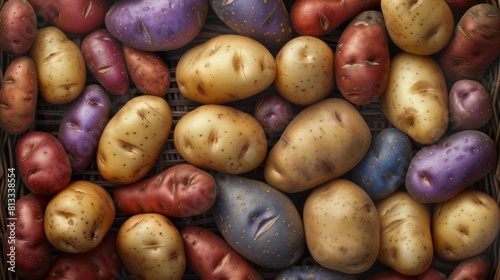 a high-angle digital illustration of a colorful array of various types of potatoes - russet, sweet, and purple - neatly arranged in a rustic basket Showcase the different shapes and sizes. photo