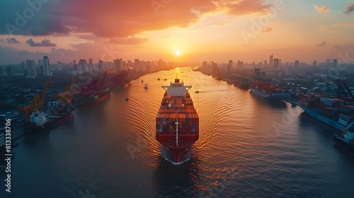 Container ship business freight import export logistic and transportation by container ship, Aerial front view container cargo freight shipping maritime transport in marine