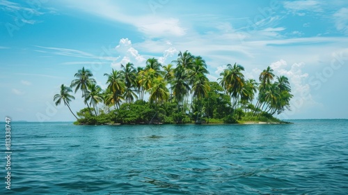 island in the middle of the ocean with banana trees and coconut trees photo