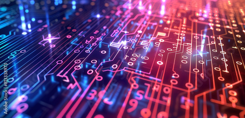  A circuit board displayed against a backdrop of glowing binary code, representing the intersection of technology and digital information.