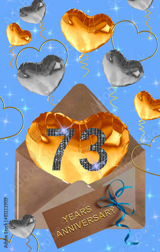 3d illustration, 73 anniversary. golden numbers on a festive background. poster or card for anniversary celebration, party