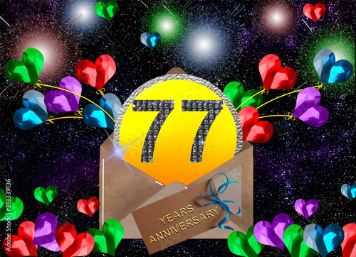 3d illustration, 77 anniversary. golden numbers on a festive background. poster or card for anniversary celebration, party