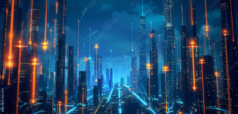 A futuristic cityscape illuminated by neon lights, symbolizing the role of technology in shaping urban environments.