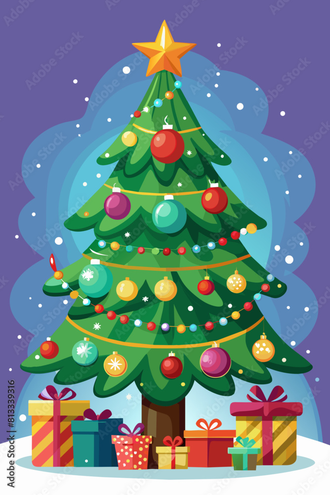 Christmas tree with toys and gifts on a purple background close-up