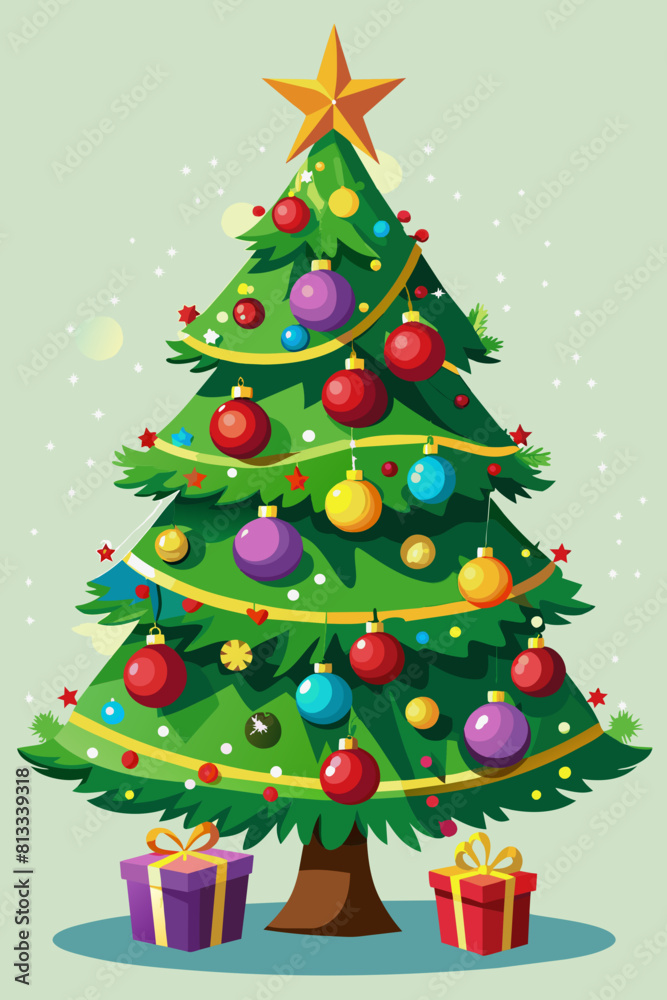 on a light green background, close-up of a Christmas tree with toys and gifts