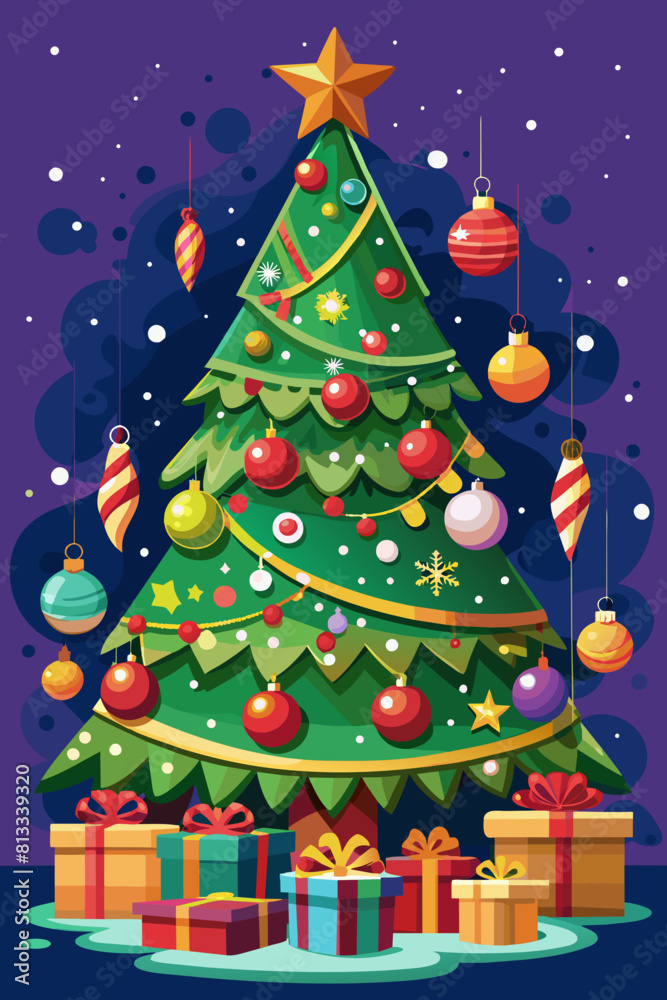 Christmas tree with toys and gifts on a purple background close-up Christmas tree with toys and gifts on a purple background close-up