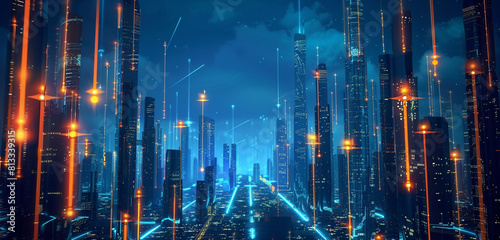 A futuristic cityscape illuminated by neon lights, symbolizing the role of technology in shaping urban environments. photo