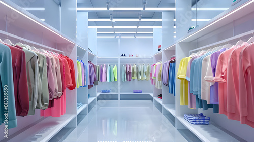 A Visually Appealing Clothing Display in a Retail Store Spring/Summer Fashion. Colorful t-shirts hang neatly on hangers, creating a visually appealing display.