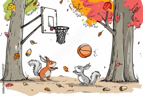 Cartoon cute doodles of a basketball game between rabbits and squirrels, with the hoop attached to a tree trunk and acorns as basketballs, Generative AI