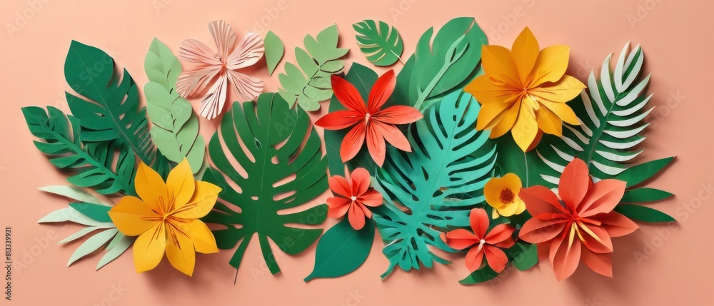 A colorful collage of paper flowers and leaves on a flat background