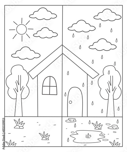 Oposite weather activity for kindergarten, sunny and rainy day coloring page, Oposite worksheet for kids, Oposite coloring page for kids, weather coloring page 