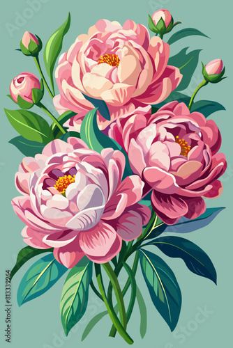 three pink peonies on a light green background